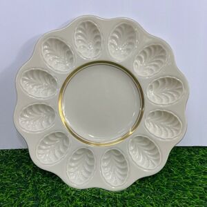 Lenox Deviled Egg Platter Ivory Fine China 24K Gold Trim 12 Slot Scalloped 11in